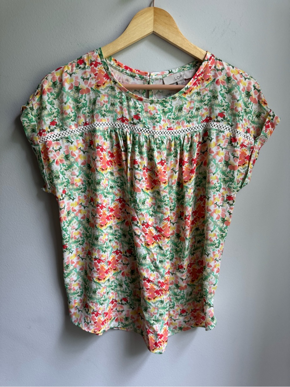 LOFT Super Soft Floral Lace-Trim Short Sleeve Top in Green, Pink, Yellow